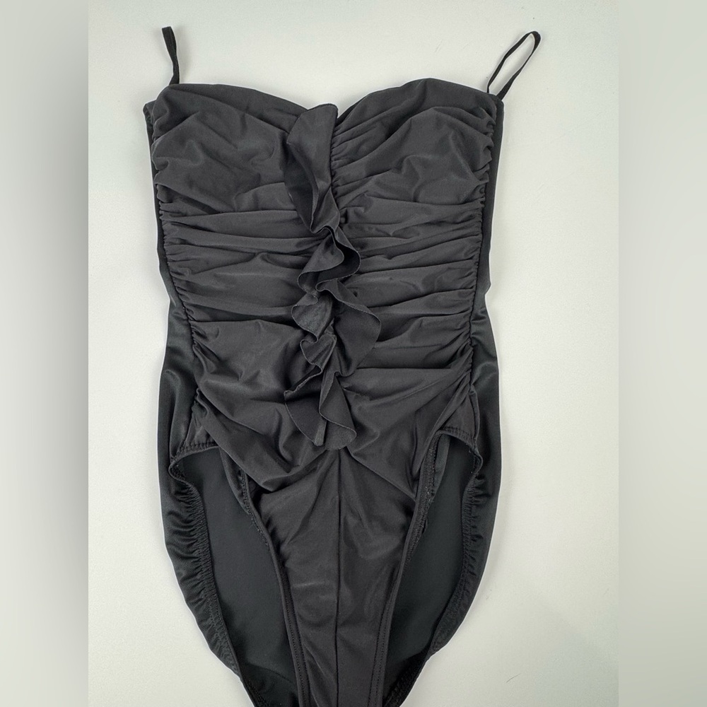 Miraclesuit Size US 10 Black Ruched Ruffle Bandeau One Piece Swimsuit Control